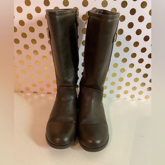 MICHAEL KORS Bexley Chocolate Brown Leather Zip-up Boots MK Buckle Size 5 - Picture 2 of 9